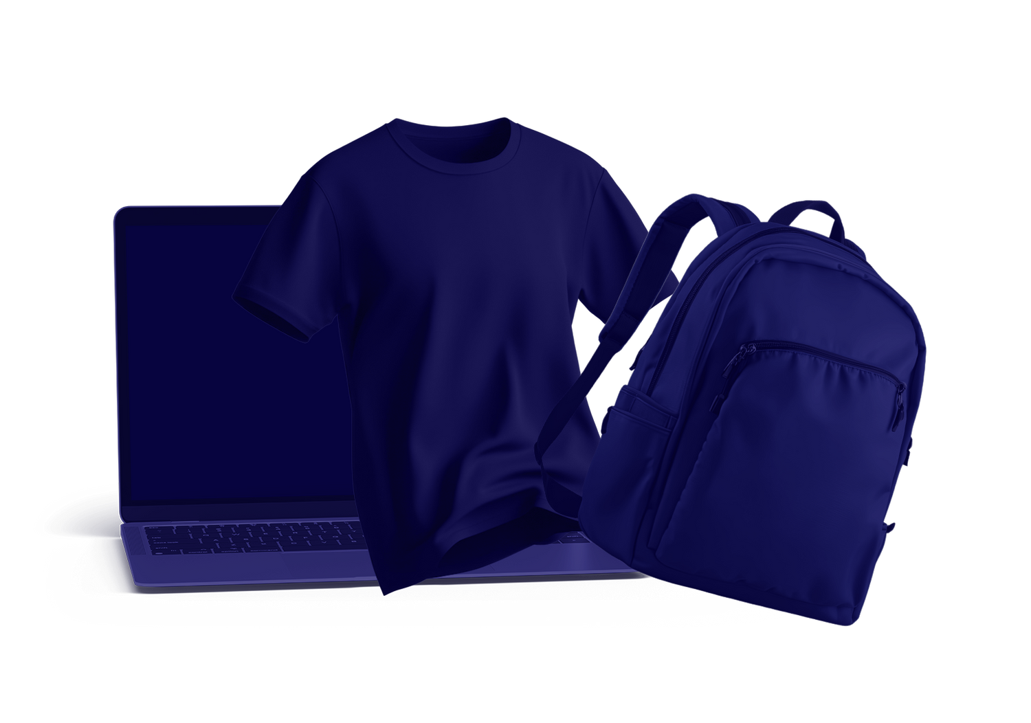 Navy blue laptop, t-shirt, and backpack on a white background
